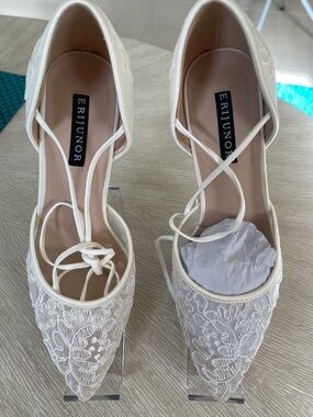 Erijunor Cream Lace Pointed-Toe Heels with Ankle Wrap - Bridal/Wedding Shoe